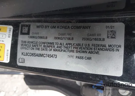 2021 Chevrolet Spark Fwd 1Lt Automatic из США, поврежденный, VIN KL8CD6SA8MC745473